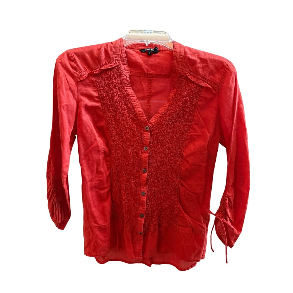 Nic+Zoe Red Orange Smocked Button Down Top 3/4 Ruched Tie Sleeve Cotton Small